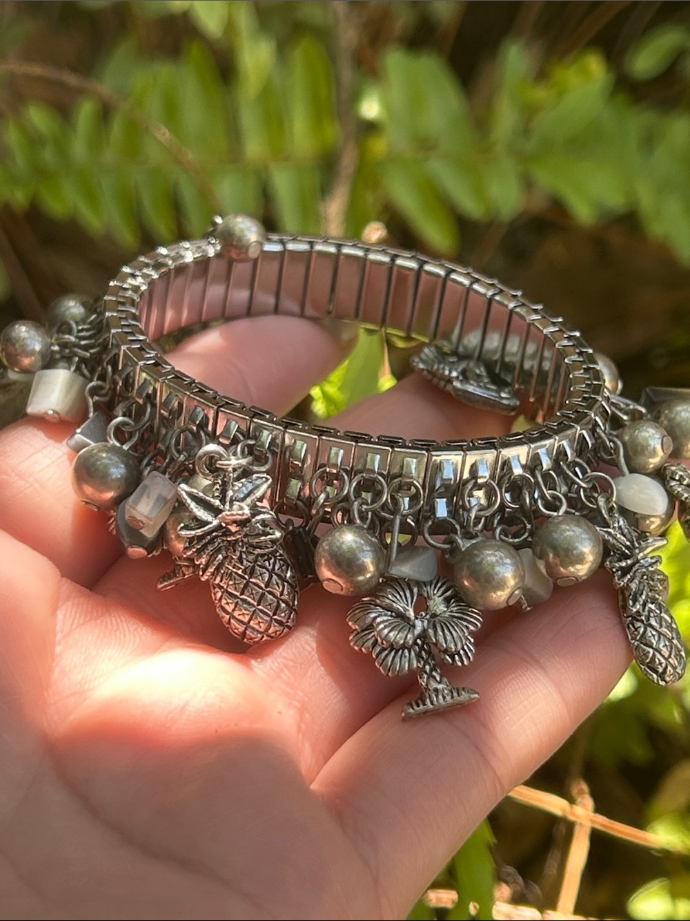 1970s-1980s Expandable Bracelet with Pineapple & Palm Tree Charms